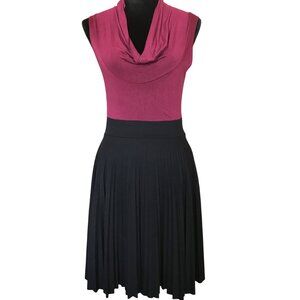 Soprano 2-Tone Pleated Dress, Cowl Neck Plunge: Color Block Raspberry Black M